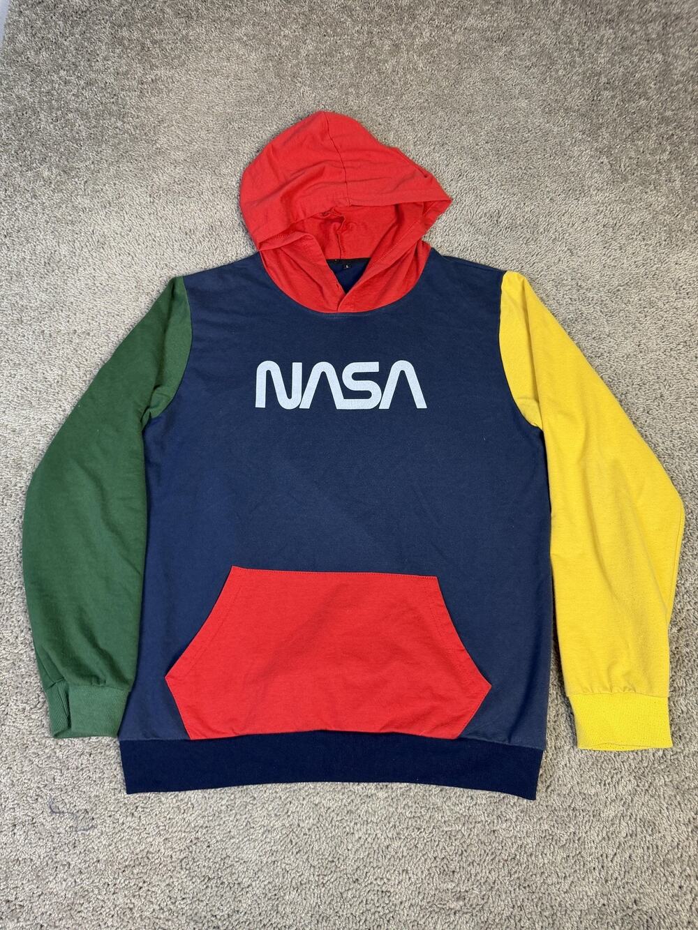 SheIn Hoodie Mens L Multicolor NASA Graphic Pullover Hooded Pockets Fleece